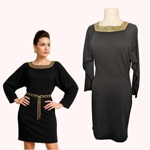 ⭐80s Grecian Style Black Midi Dress Batwing Sleeves Square Neckline